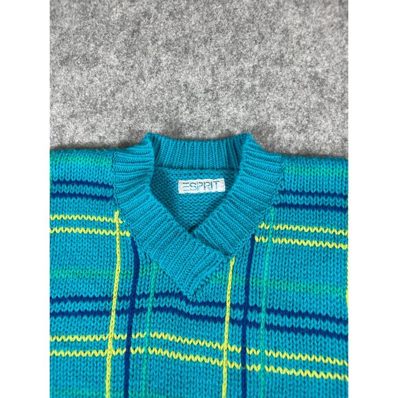 Vintage 90s Esprit Plaid Vest Sweater Womens XS Blue Knit Pullover Preppy Funky - Picture 2 of 4